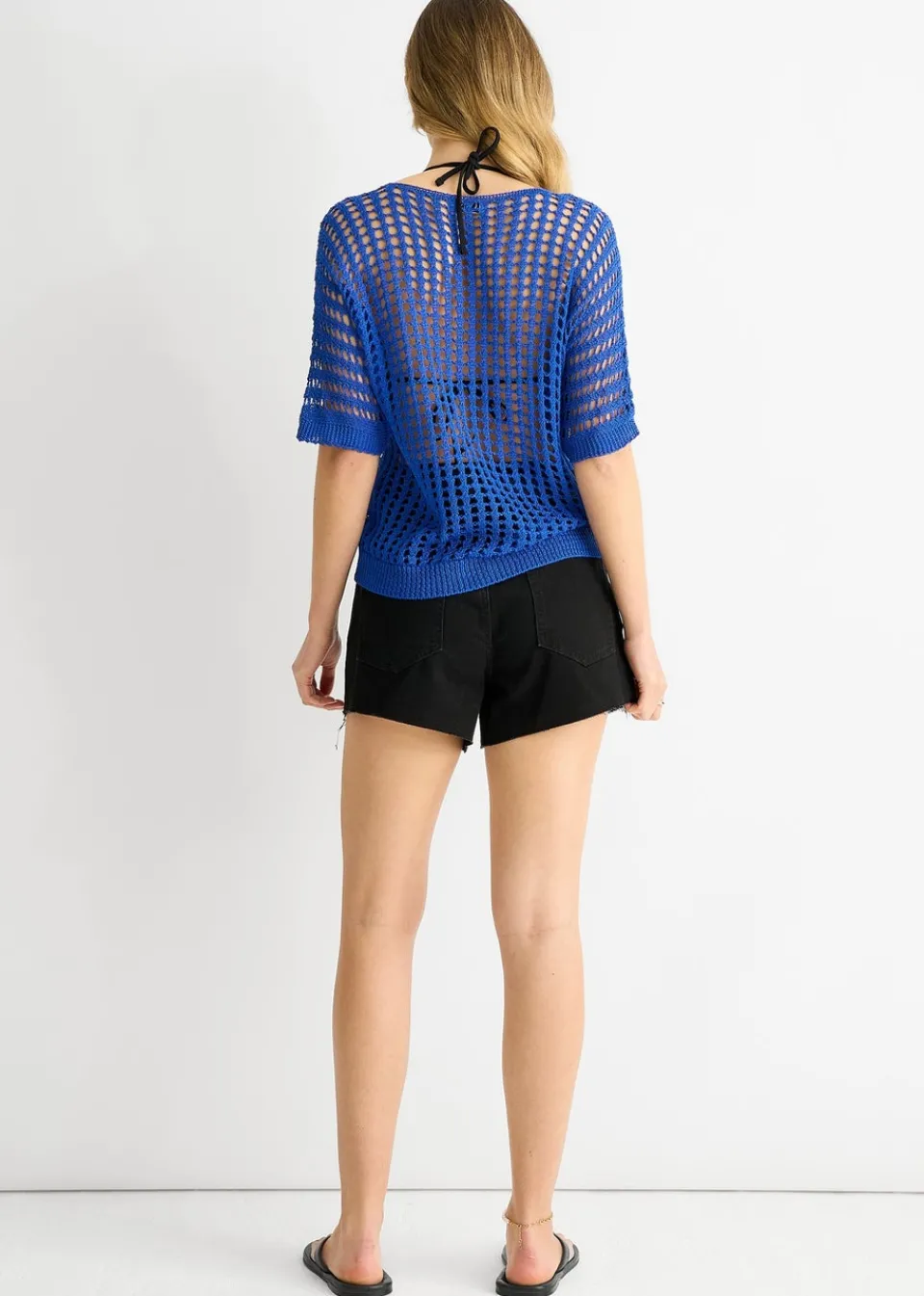 T-Shirts>Gini London Blue Fish Net Heart Pattern Crochet Top