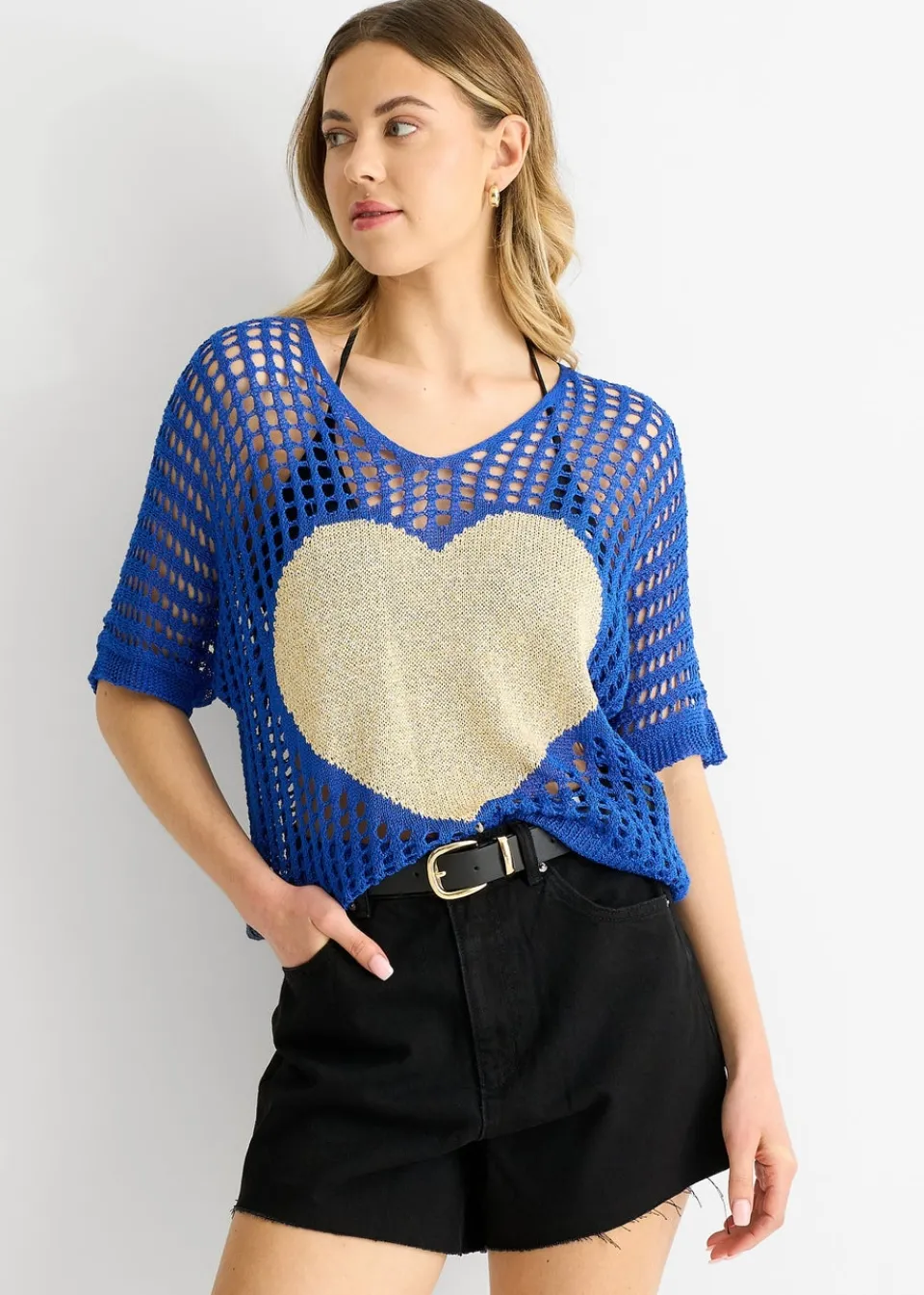 T-Shirts>Gini London Blue Fish Net Heart Pattern Crochet Top