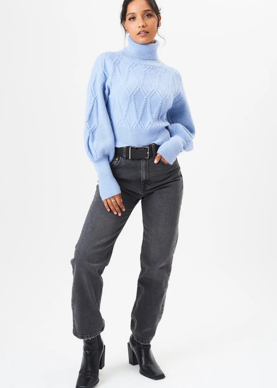 Tops>Gini London Blue High Neck Knit Crop Jumper