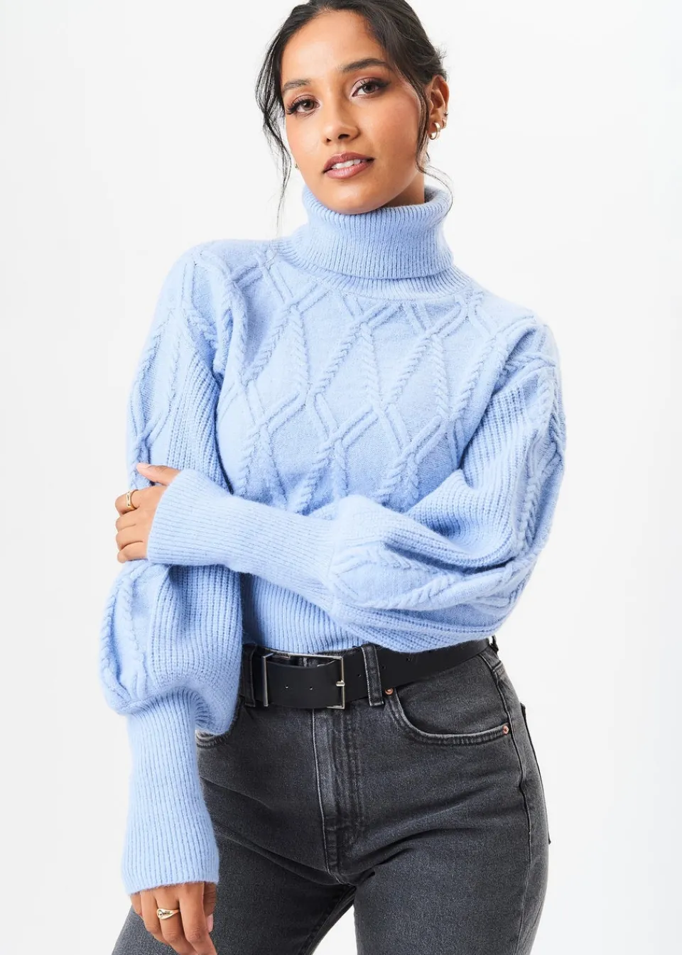 Tops>Gini London Blue High Neck Knit Crop Jumper