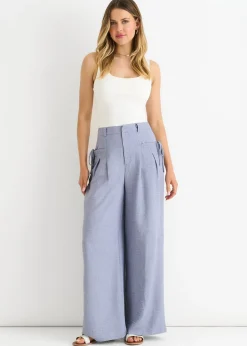 Trousers>Gini London Blue Linen Look High Waist Wide Leg Trousers