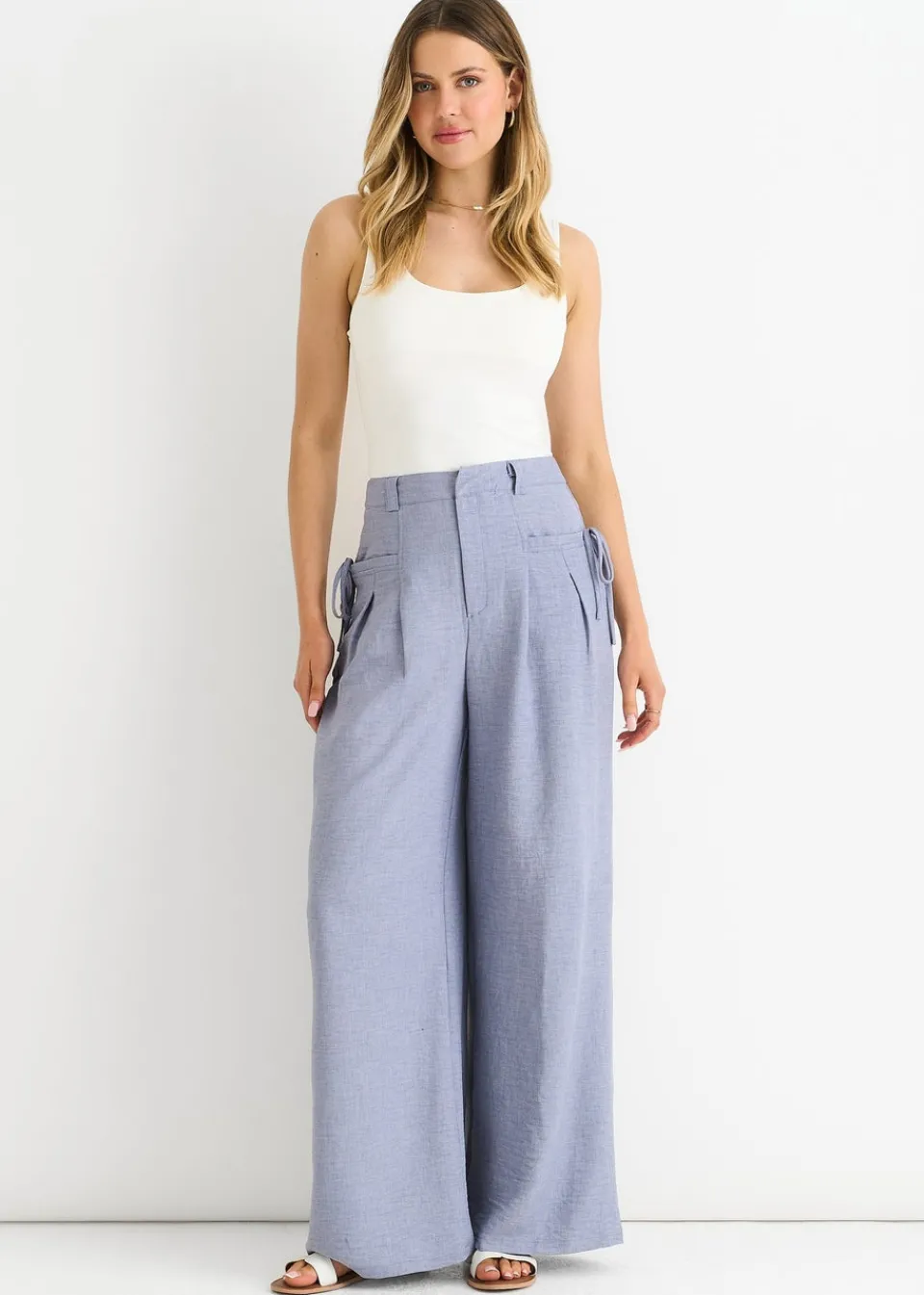 Trousers>Gini London Blue Linen Look High Waist Wide Leg Trousers