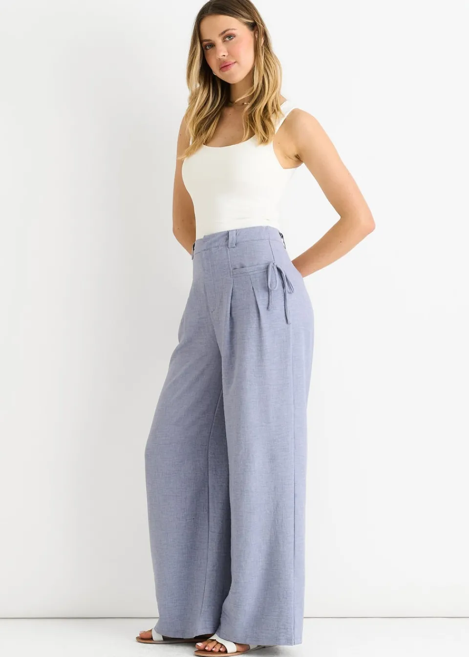 Trousers>Gini London Blue Linen Look High Waist Wide Leg Trousers