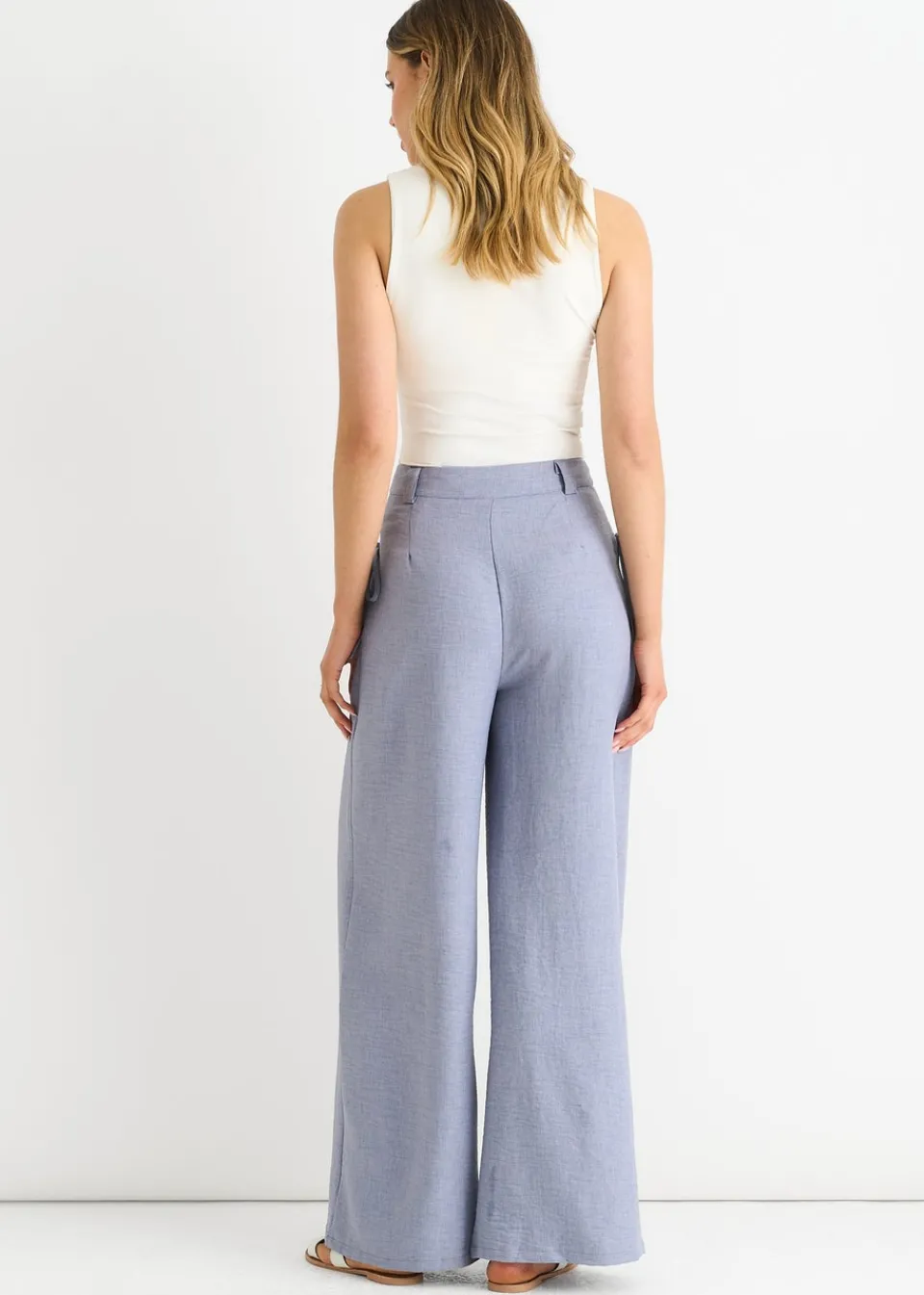 Trousers>Gini London Blue Linen Look High Waist Wide Leg Trousers