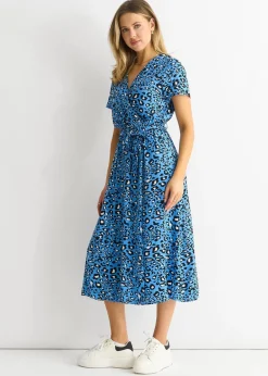 Dresses>Gini London Blue Short Sleeve Animal Print Wrap Front Midi Dress