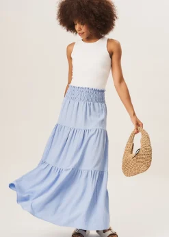Skirts>Gini London Blue Smocked Tiered Maxi Skirt