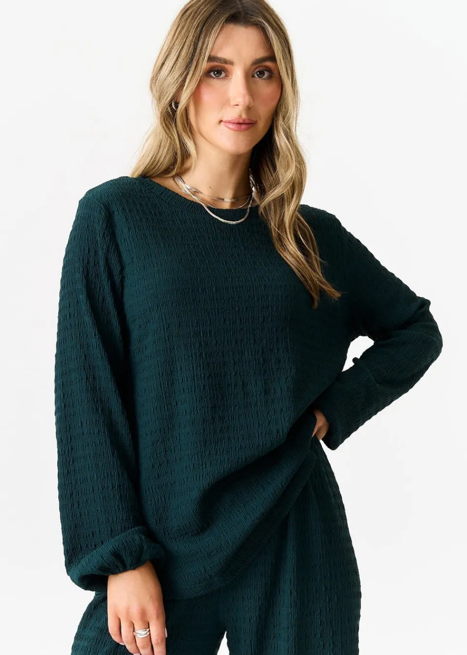 Tops>Gini London Bottle Green Textured Long Sleeves Oversized Top