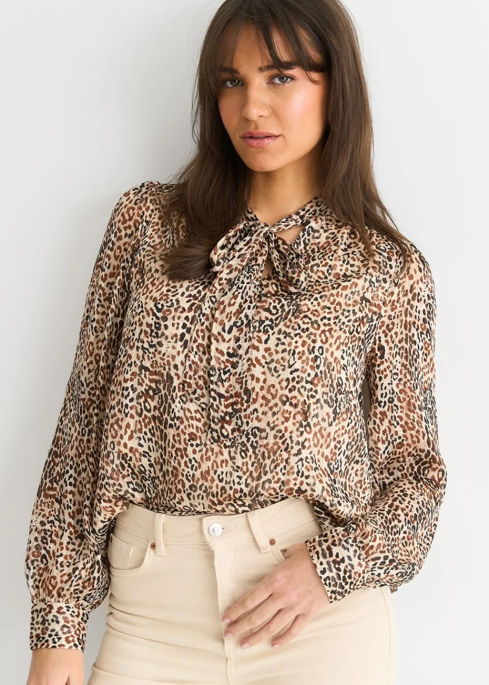 Tops>Gini London Brown Animal Print Long Sleeves Tie Neck Blouse