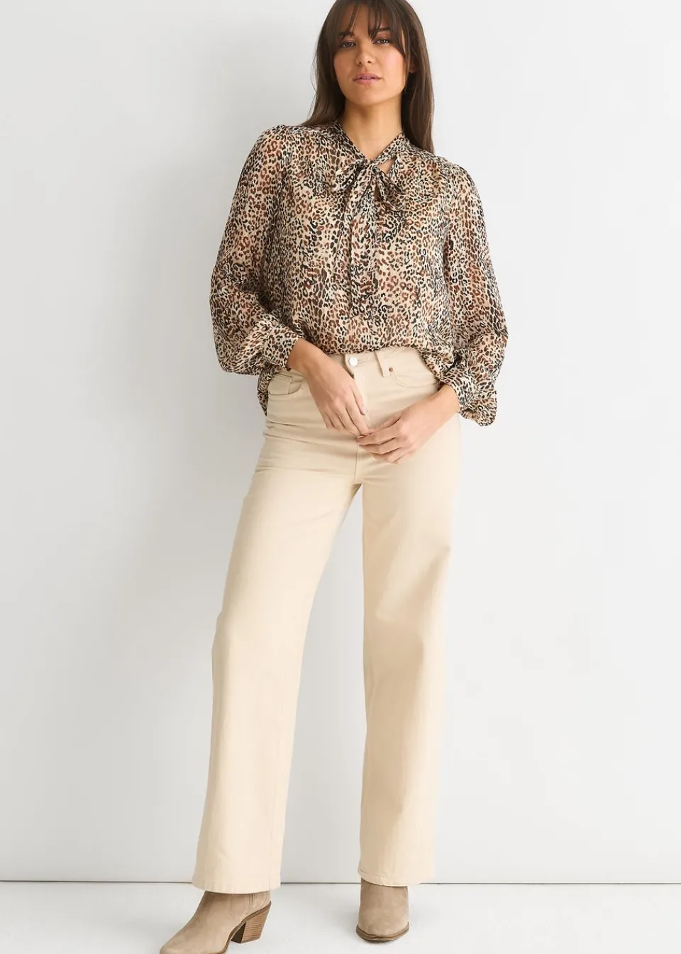 Tops>Gini London Brown Animal Print Long Sleeves Tie Neck Blouse