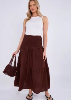 Skirts>Gini London Brown Cotton Smock Tiered Cotton Maxi Skirt