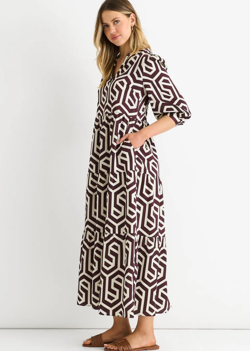 Dresses>Gini London Brown Geo Print Smock Maxi Dress