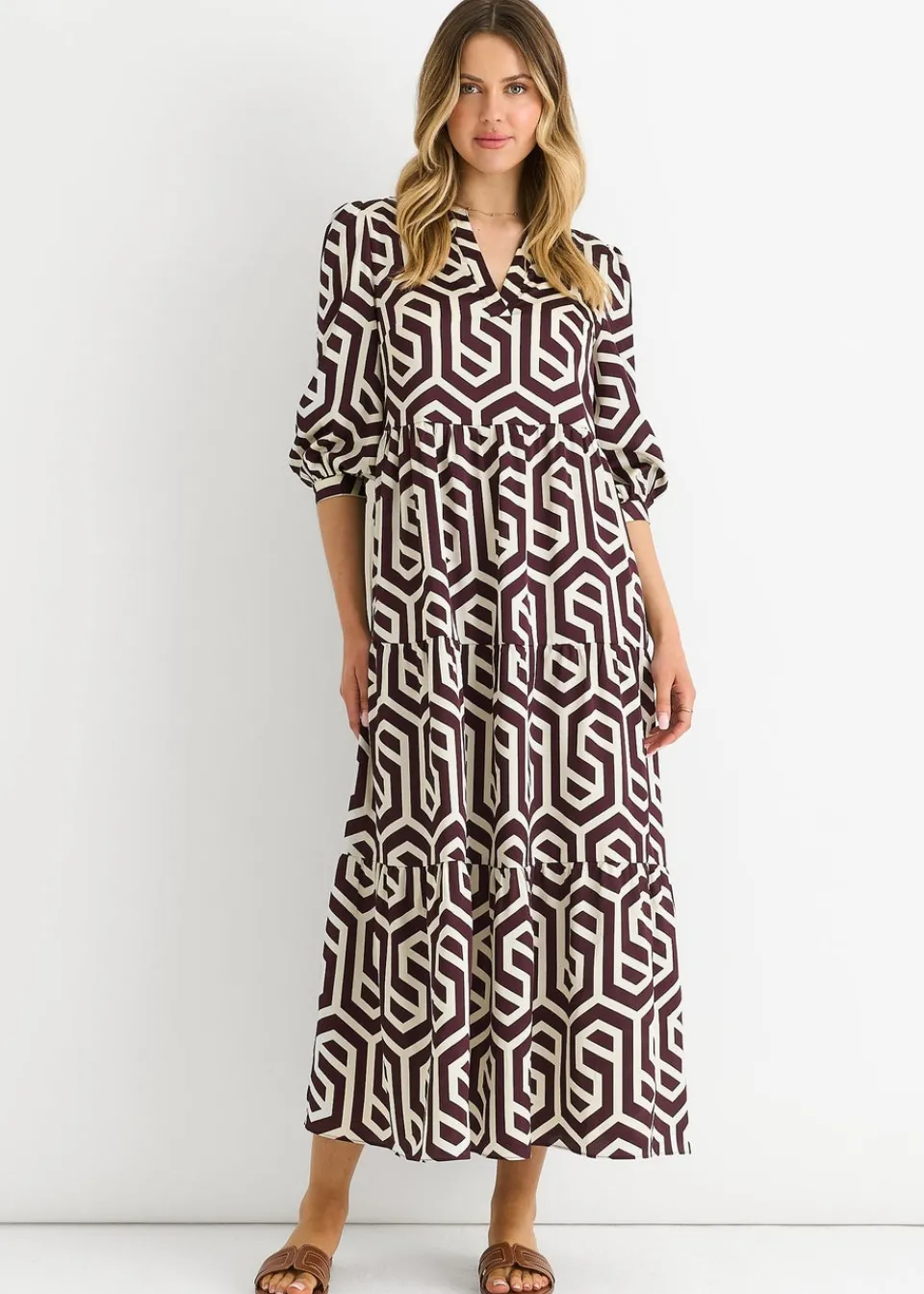 Dresses>Gini London Brown Geo Print Smock Maxi Dress