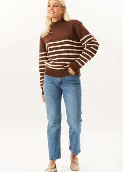 Tops>Gini London Brown High Neck Stripe Oversized Jumper