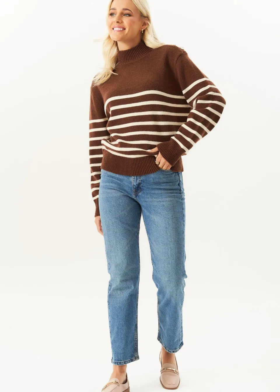 Tops>Gini London Brown High Neck Stripe Oversized Jumper
