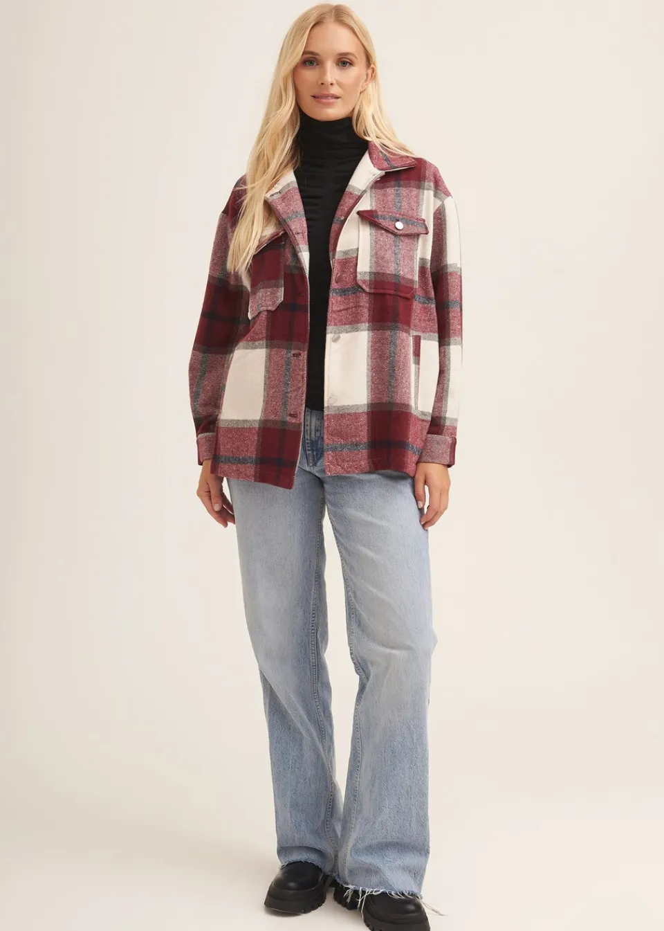 Coats & Jackets>Gini London Burgundy Check Oversized Pocket Detail Shacket