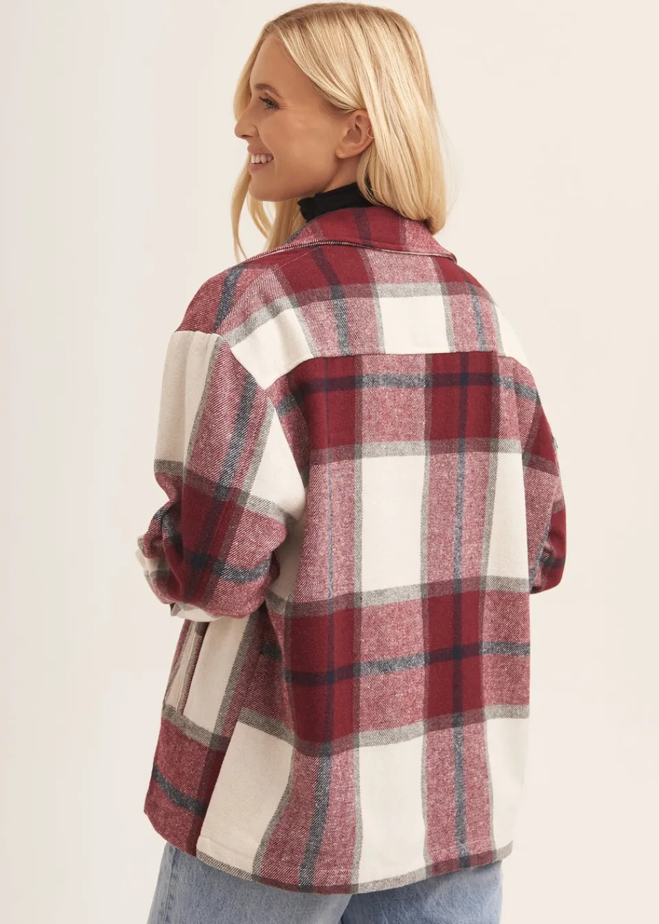 Coats & Jackets>Gini London Burgundy Check Oversized Pocket Detail Shacket
