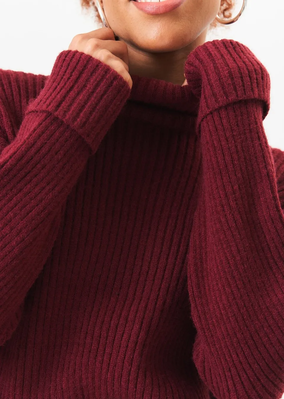Knitwear>Gini London Burgundy High Neck Chunky Knit Crop Jumper