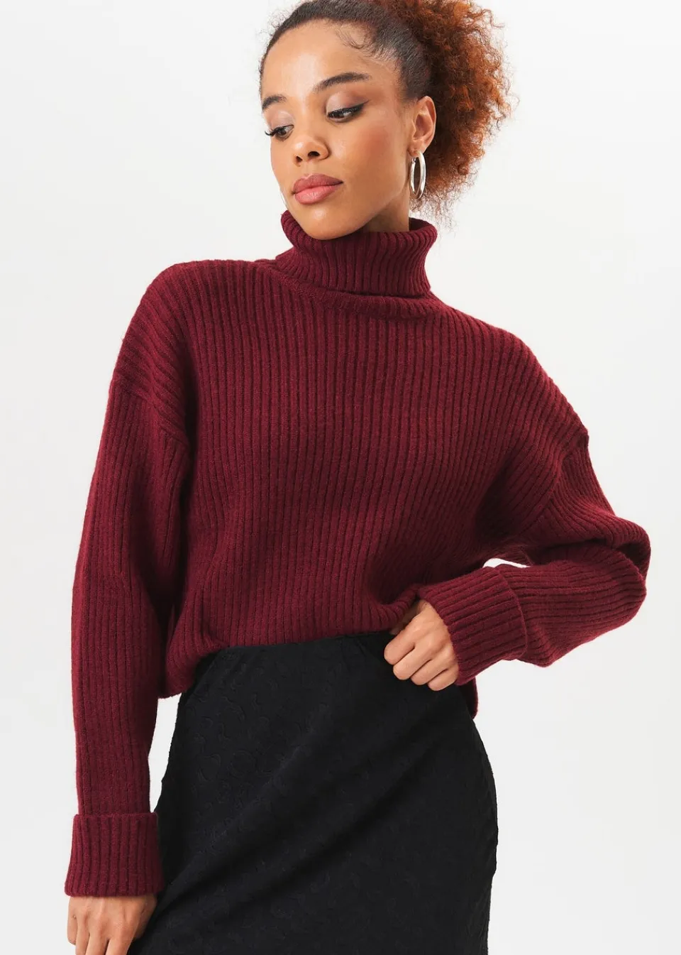 Knitwear>Gini London Burgundy High Neck Chunky Knit Crop Jumper
