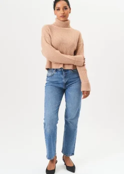 Knitwear>Gini London Camel High Neck Chunky Knit Crop Jumper