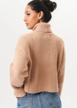 Knitwear>Gini London Camel High Neck Chunky Knit Crop Jumper