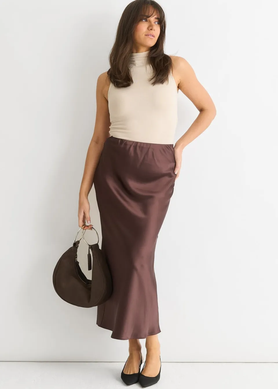 Skirts>Gini London Chocolate Satin Midi Skirt