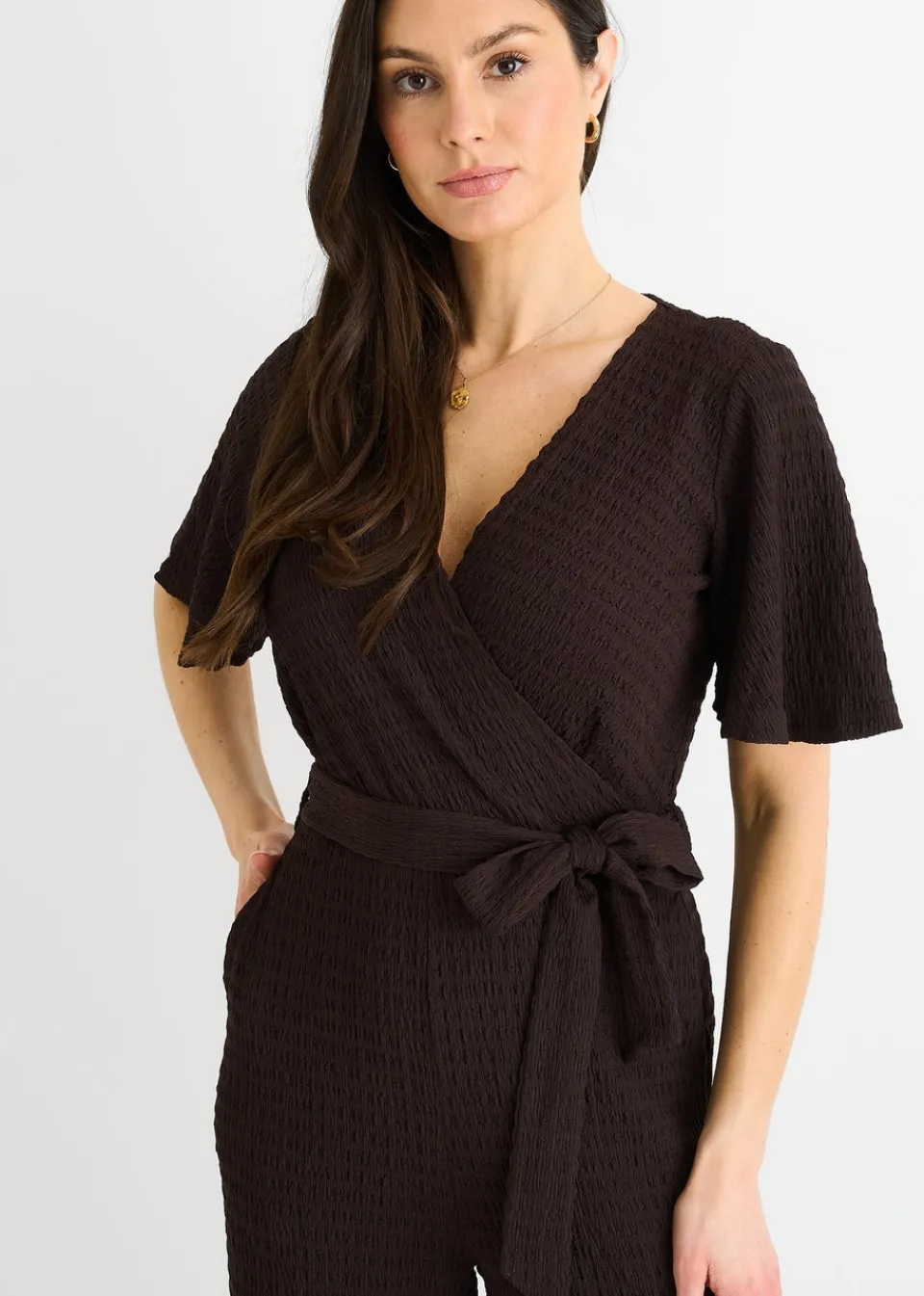 Jumpsuits & Playsuits>Gini London Chocolate Textured Jersey Wrap Wide Leg Jumpsuit