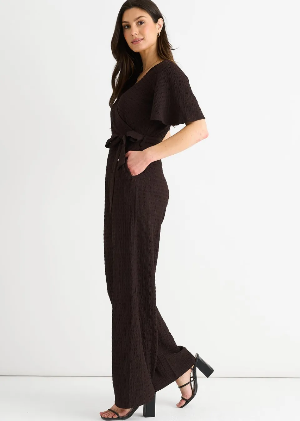 Jumpsuits & Playsuits>Gini London Chocolate Textured Jersey Wrap Wide Leg Jumpsuit