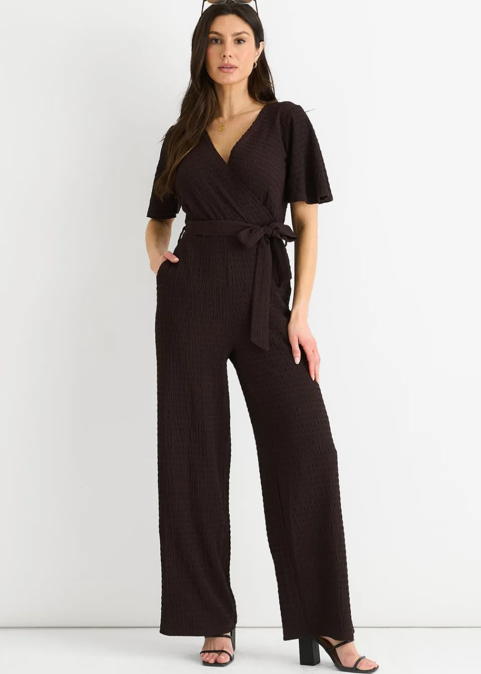 Jumpsuits & Playsuits>Gini London Chocolate Textured Jersey Wrap Wide Leg Jumpsuit