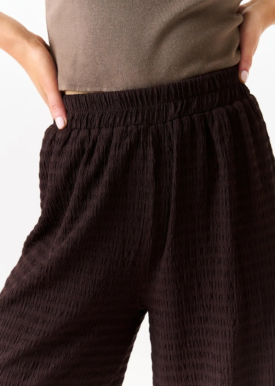 Trousers>Gini London Chocolate Textured Elastic Waist Pull On Trousers
