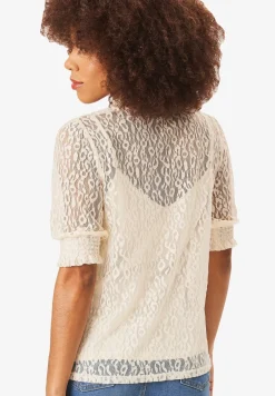 Tops>Gini London Cream High Neck Lace Loose Fit Blouse