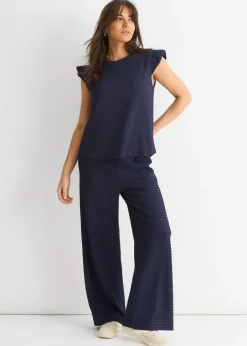 Tops>Gini London Dark Blue  Frill Sleeves Textured Oversized Top