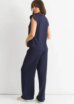 Tops>Gini London Dark Blue  Frill Sleeves Textured Oversized Top