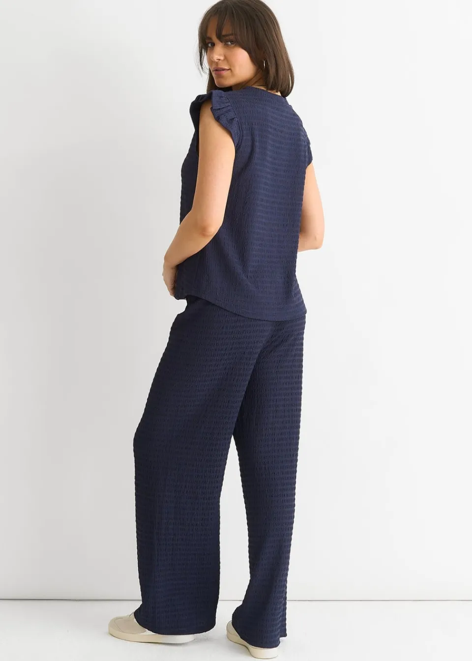 Trousers>Gini London Dark Blue Textured Elastic Waist Pull On Trousers