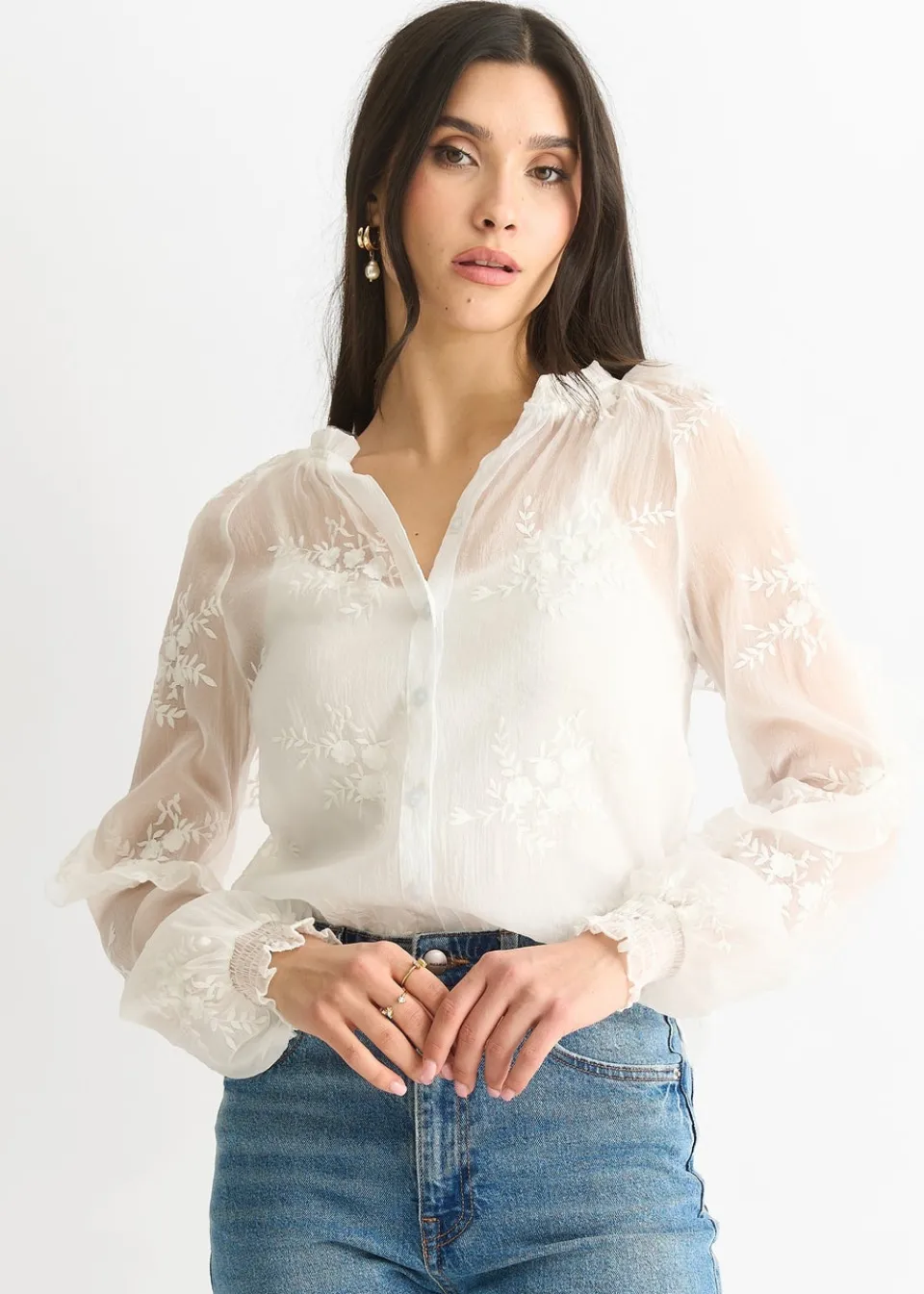 Tops>Gini London Embroidery puff sleeve top