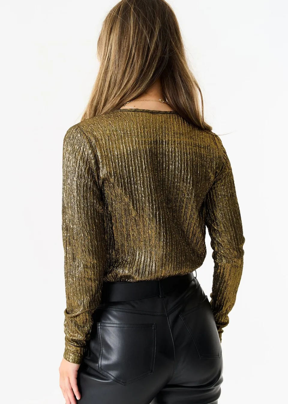 Tops>Gini London Gold Metallic Plisse Wrap Front Bodysuit