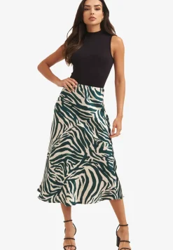 Skirts>Gini London Green Animal Print Satin Bias Cut Midi Skirt
