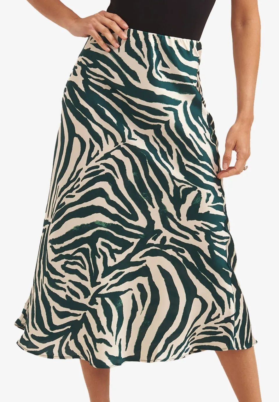 Skirts>Gini London Green Animal Print Satin Bias Cut Midi Skirt