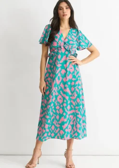 Dresses>Gini London Green Animal Print V Neck Ruffle Midi Dress