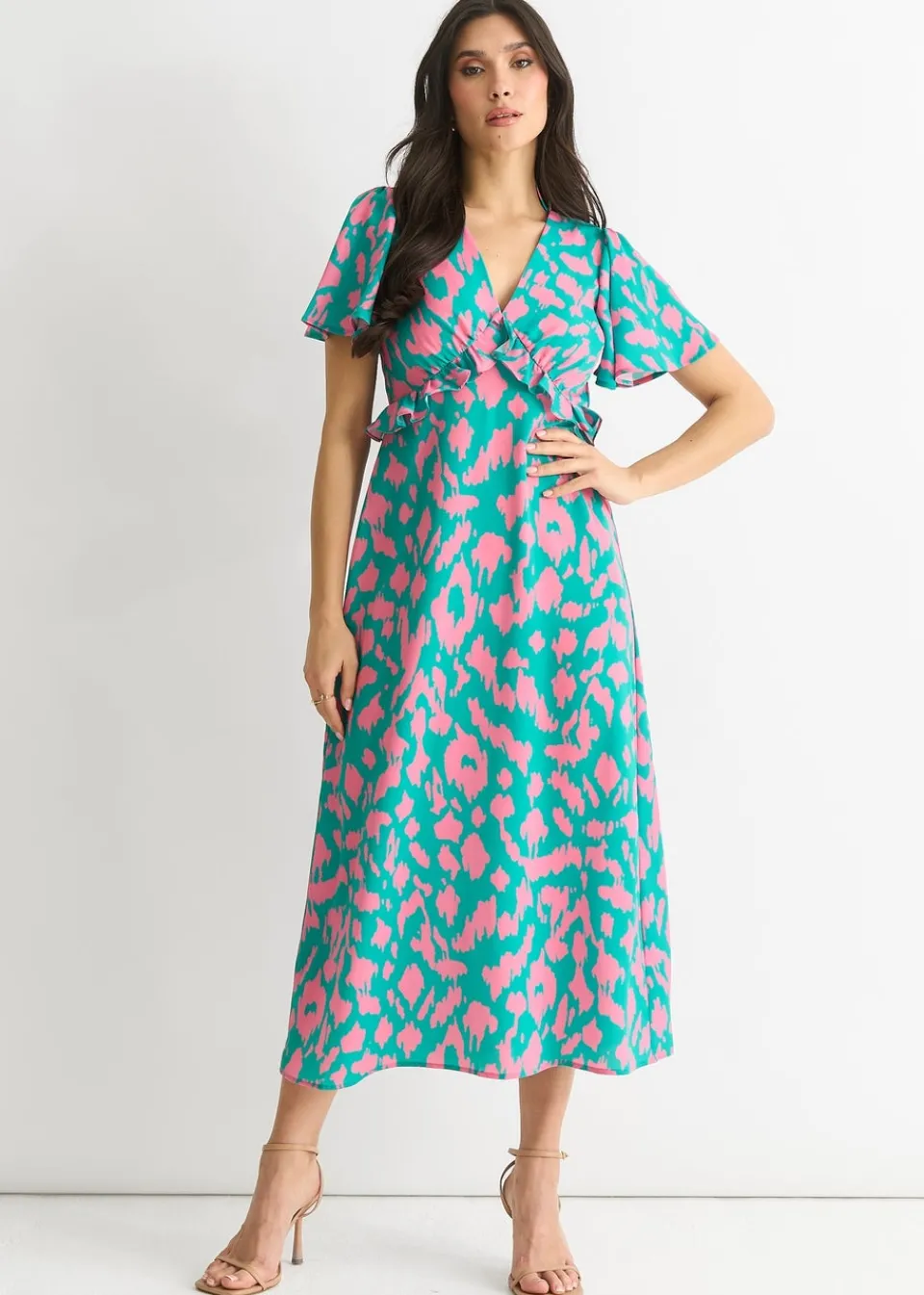 Dresses>Gini London Green Animal Print V Neck Ruffle Midi Dress