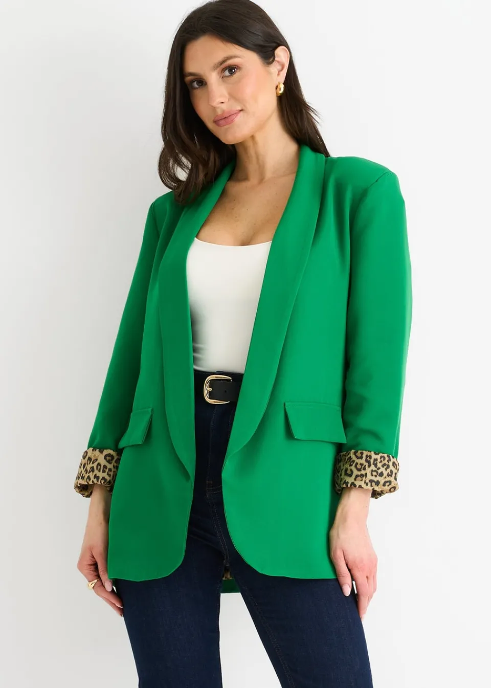 Coats & Jackets>Gini London Green Contrast Animal Edge To Edge Blazer