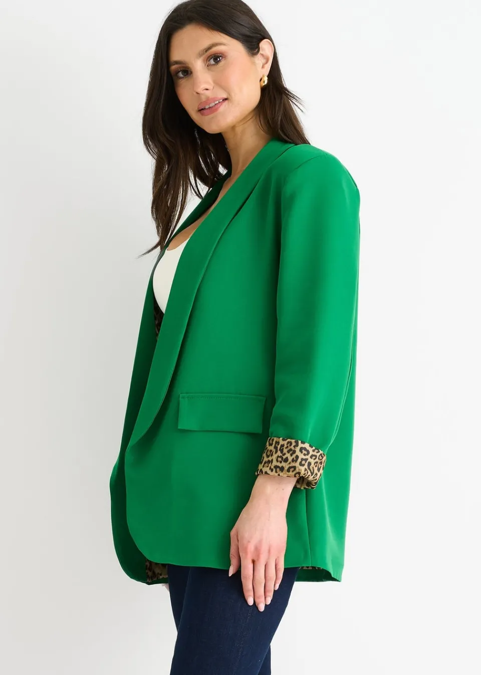 Coats & Jackets>Gini London Green Contrast Animal Edge To Edge Blazer