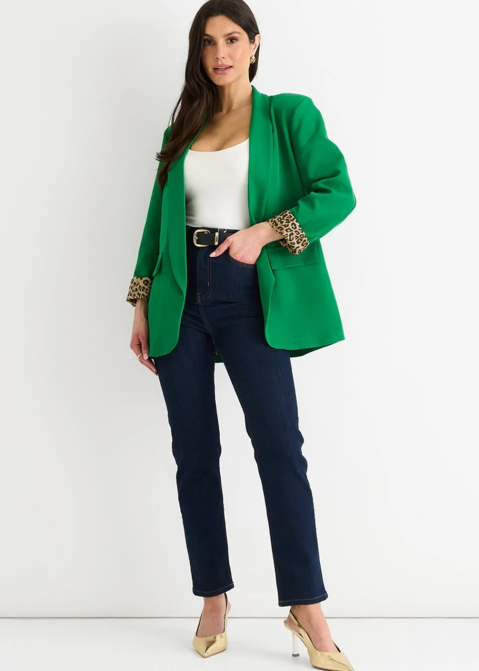 Coats & Jackets>Gini London Green Contrast Animal Edge To Edge Blazer