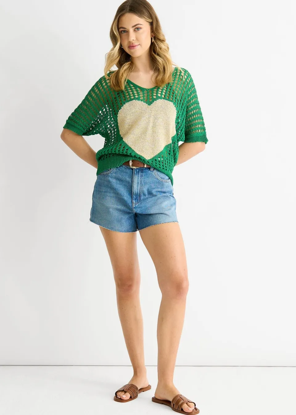 T-Shirts>Gini London Green Fish Net Heart Pattern Crochet Top