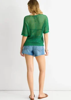 T-Shirts>Gini London Green Fish Net Heart Pattern Crochet Top