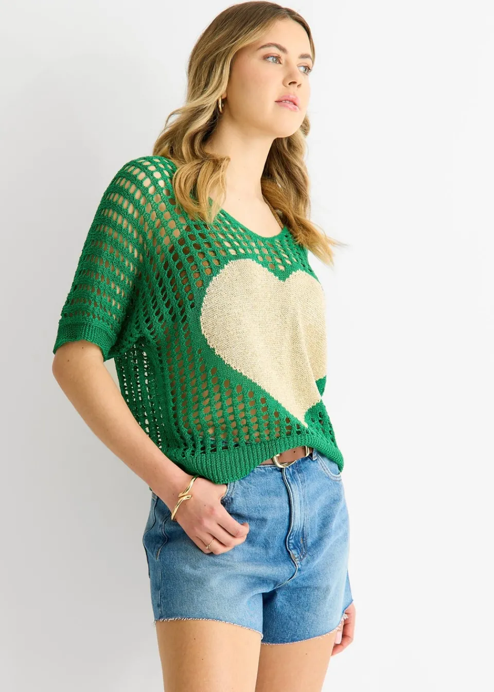 T-Shirts>Gini London Green Fish Net Heart Pattern Crochet Top