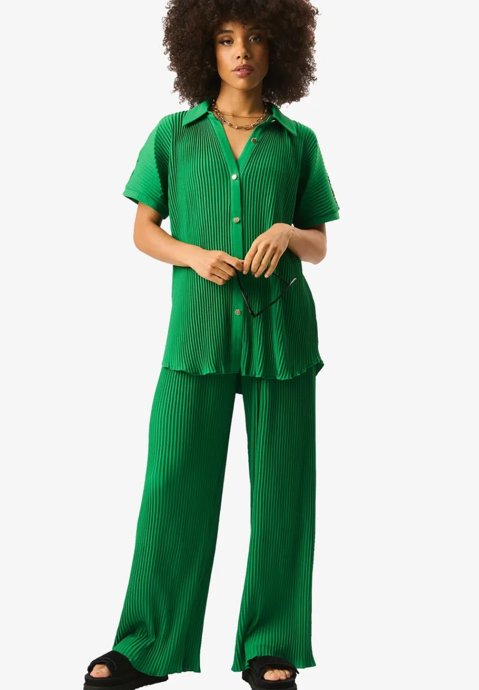 Trousers>Gini London Green Plisse Loungewear Wide Leg Trousers