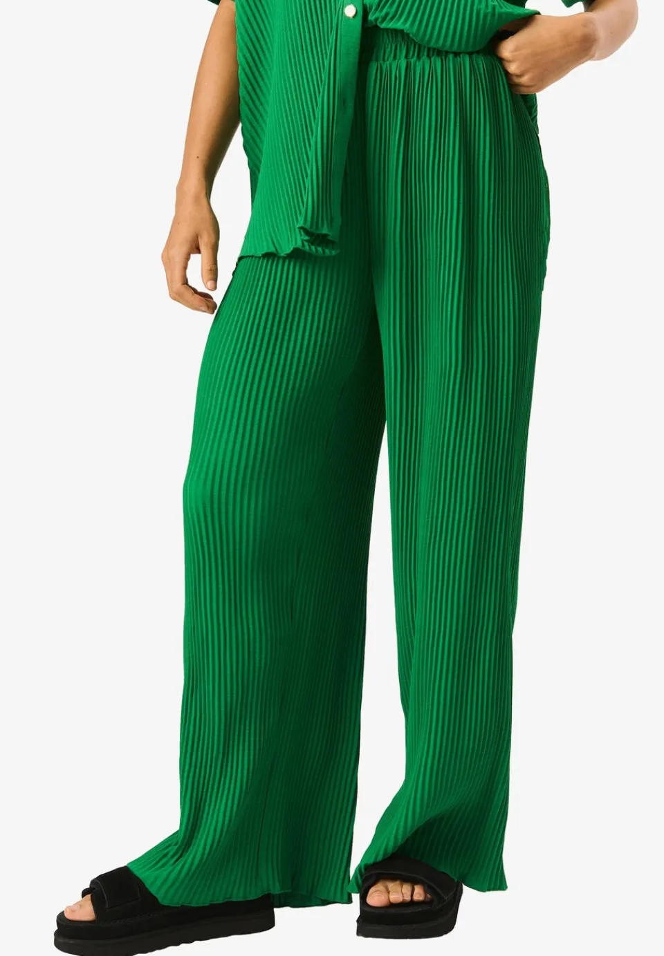 Trousers>Gini London Green Plisse Loungewear Wide Leg Trousers