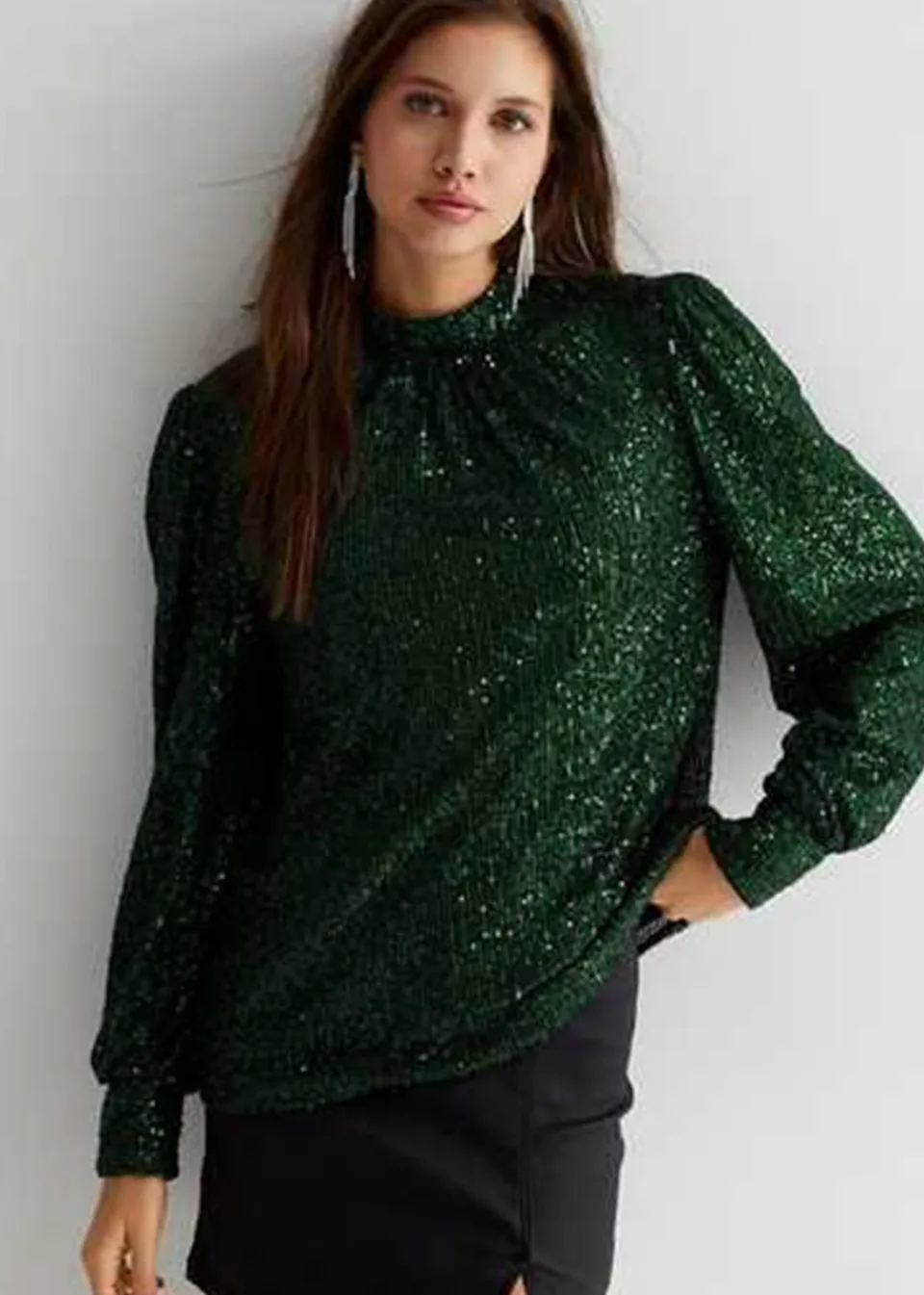 Tops>Gini London Green Sequin High Neck Loosefit Blouse