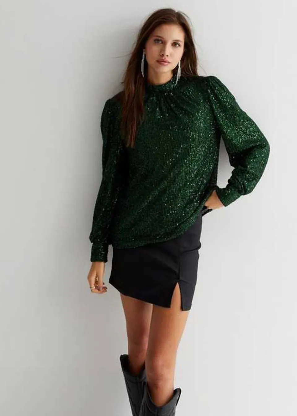 Tops>Gini London Green Sequin High Neck Loosefit Blouse
