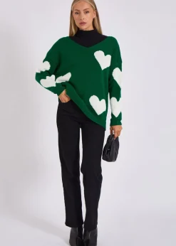 Tops>Gini London Green V Neck Oversized Heart Knit Jumper